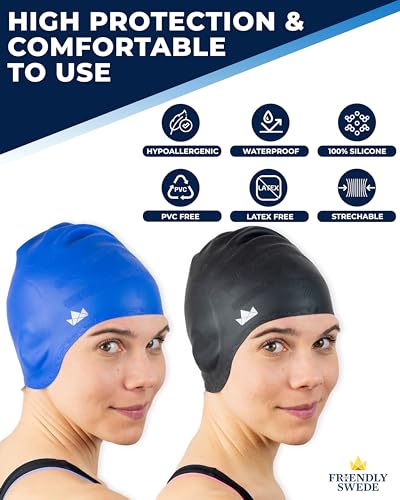 The Friendly Swede Swim Caps for Women & Men - Silicone Swimming Caps for Medium & Long Hair; Waterproof Swimming Cap for Women to Keep Hair Dry; Swim Cap for Adult and Child - Blue & Black 2-Pack - Thumbnail 3