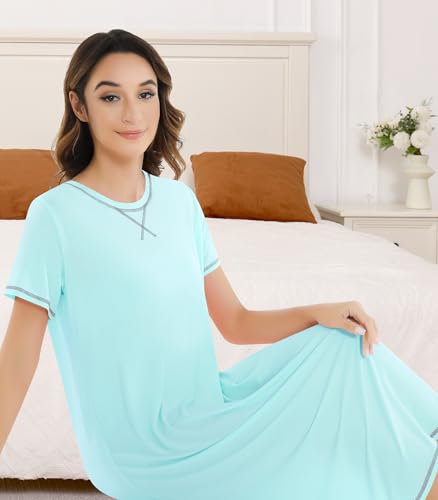 Image of NACHILA Women's Nightgowns-Viscose Made from Bamboo,Short Sleeve Sleepshirts Crew Neck Nightshirt Soft Sleep Dress