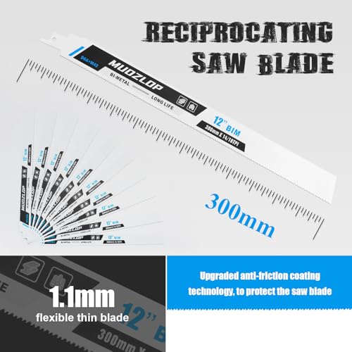 Image of 10 Pack 12 inch Reciprocating Saw Blades Set, 14 /18TPI High Carbon Saw Blades, Metal Saw Blades with Organizer Case (10, 14 /18TPI /12 inch)