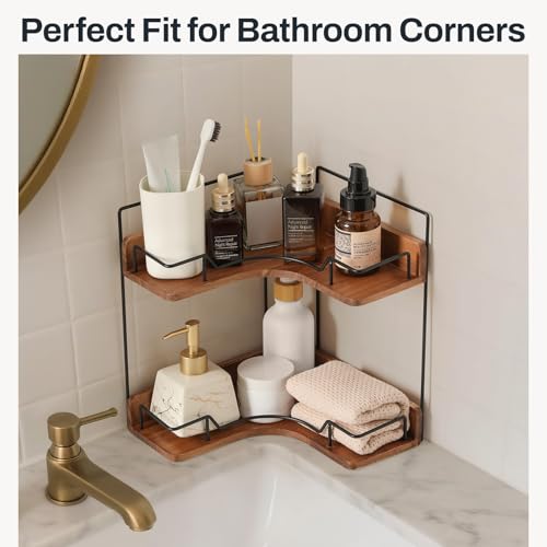 image for Snuvid 2-Tier Bathroom Counter Organizer, Wooden Corner Shelf for Vani
