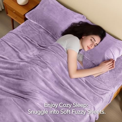 Image of BEDELITE Flannel Sheets Twin Size Lavender - Super Soft Fleece Sheets Set Fluffy Extra Plush, 3 Piece(Include Fitted Sheet, Flat Sheet, 1 Pillowcase)