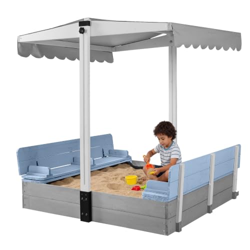 Kids Sandbox with Lid & Cover,Foldable Bench Seats, Adjustable Canopy,Bottom Liner, 47.2" L x 47.2" W x 51.9" H,Blue