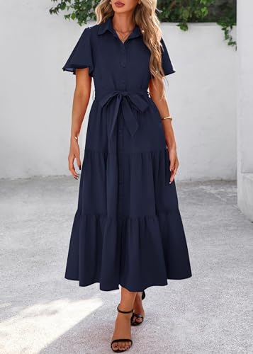 Image of KIRUNDO Summer Button Down Wedding Guest Shirt Dresses for Women Maxi Flutter Short Sleeve Flowy Tiered Beach Sun Dress