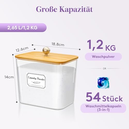 Lifewit 2 Stück Wäsche Pods Behälter mit Etiketten und Löffeln, Waschpulver Aufbewahrungsbox mit Bambusdeckel, Organizer Box Aufbewahrung für Waschmittel Pulver Perlen Duft-Booster im Wäschezimmer