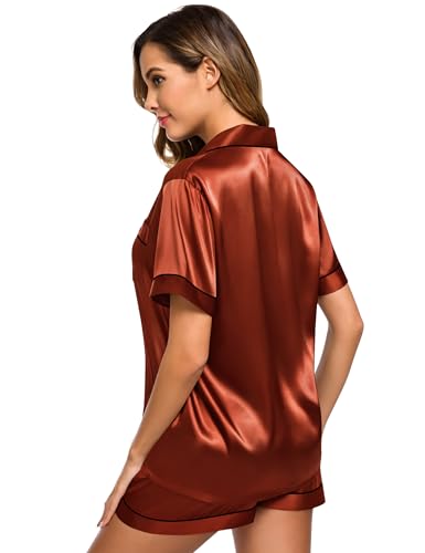 Image of SWOMOG Womens Silk Satin Pajamas Set Short Sleeve Sleepwear Button Down Top and Shorts Loungewear 2 Piece Pjs Set XS-3XL