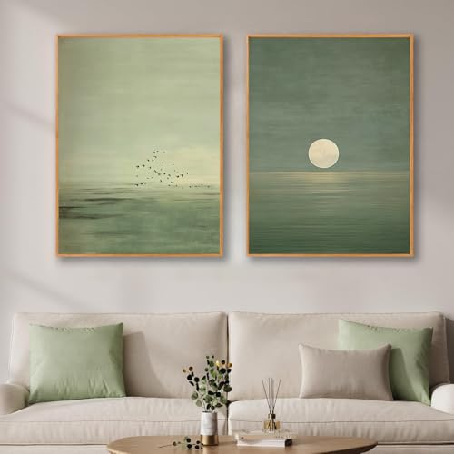2Pcs Japanese Sage Green Wall Art Minimalist Moon and Bird 12X16in Unframed — view 2