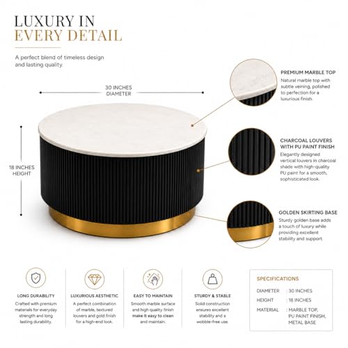 Image of Premium Luxury Marble-Top Wooden Center Table with Louvers & Acrylic Wooden Base | Premium Coffee Table for Living Room & Office (Black)