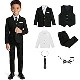 Txjojn Black Boys Suit Set 6 Piece Adjustable Waist Real Pockets Full Lined Fabric for First Communion Concert Daily Use Business Meeting Fashion Show Size 11-12