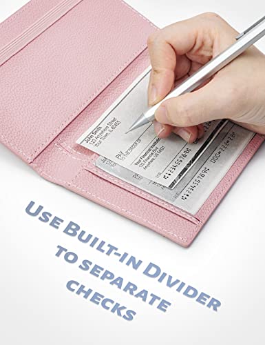 Image of Yarnic Checkbook Cover for Personal Checkbook, Checkbook Holder with Pen Holder & Built-in Clear Plastic Divider for Duplicate Checks (Baby Pink)