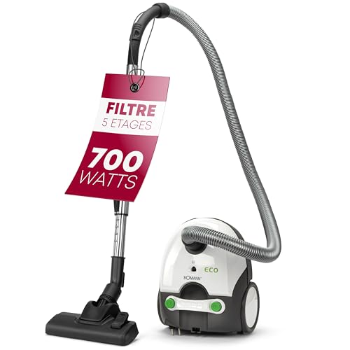 Bomann BS9019CB - Aspirateur avec Sac - 700 Watts - Tube télescopique en Acier Inoxydable - Micro Filtre - Blanc/Gris