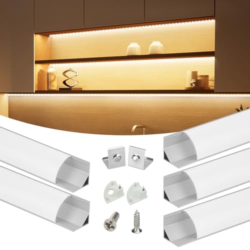 Muzata 5Pack 3.3FT/1M V Shape LED Channel Silver Aluminum LED Strip Diffuser Channel with Milky White Cover Frosted Corner Lighting Easy Installation V1SW WW 1M