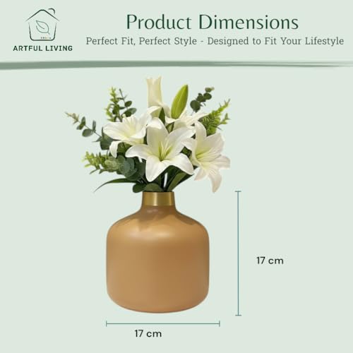 Image of Artful Living India - Round Metal Flower Vase | Round Vintage Vase for Living Room, Table, Office Decoration & Home Decor | Antique Decorative Metal Vase (Warm Beige)