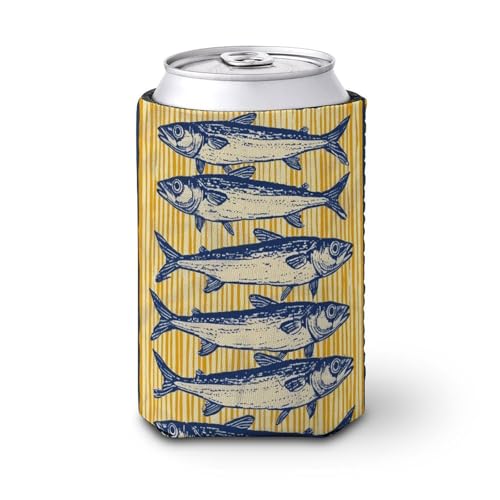 Enfriador de latas de cerveza, sardinas en rayas amarillas y blancas puede cubrir el enfriador de cerveza, soporte de bebidas aislado suave para fiestas, playa, eventos, hogar