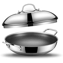 SNOWCLAD Wok, 13 Inch Hybrid Woks & Stir-fry Pans Nonstick with Double Handles, Non Toxic Stainless Steel Wok Pan with Lid, Dishwasher Induction Oven Broiler Safe