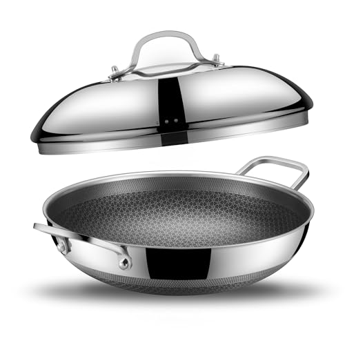 Image of SNOWCLAD Wok, 13 Inch Hybrid Woks & Stir-fry Pans Nonstick with Double Handles, Non Toxic Stainless Steel Wok Pan with Lid, Dishwasher Induction Oven Broiler Safe