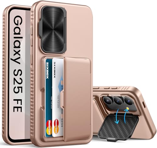Image of for Samsung Galaxy S25 FE Case with Card Holder & Camera Lens Cover Stand, Military Grade Drop Protection Shockproof Rugged Stand Wallet Protective Phone Case for S25 FE 2025, Rose Gold