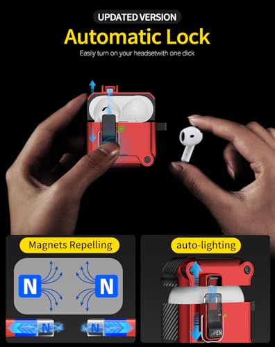 Image of Pohgelan for AirPods 4 Case with Safety Lock-Red | Magnetic Automatic Lock with Cleaning Kit&Keychain,Compatible with Magsafe