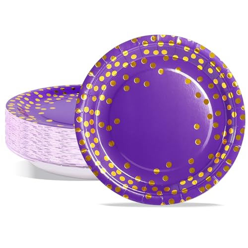 PYAILI Assiettes Jetables de Fête en Carton Violet et Or - 50 pièces (23 cm)