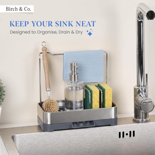 Image of Birch & Co. Kitchen Sink Caddy Organizer, Stainless Steel Countertop Storage Rack with Sponge Holders, Dishcloth Towel Bar & Brush Holder, Self-Draining Sink Organizer