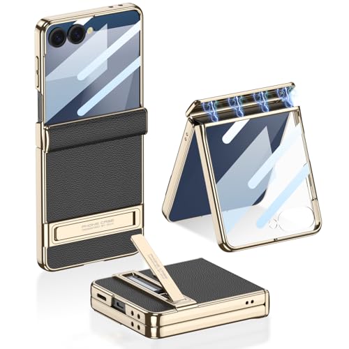 Image of Midkart Magnetic Cover Compatible with Samsung Galaxy Z Flip 7 Release 2025 Hinge Protection Leather Case Kickstand Electroplated with Front Glass and Camera Protection, Black