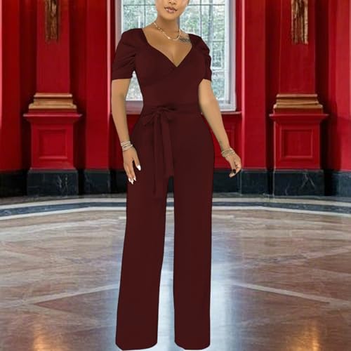 Image of PaladMom Womens Elegant Plus Size Jumpsuits Sexy Back zipper Short Sleeve Mid Waist Wide Leg Straight Rompers