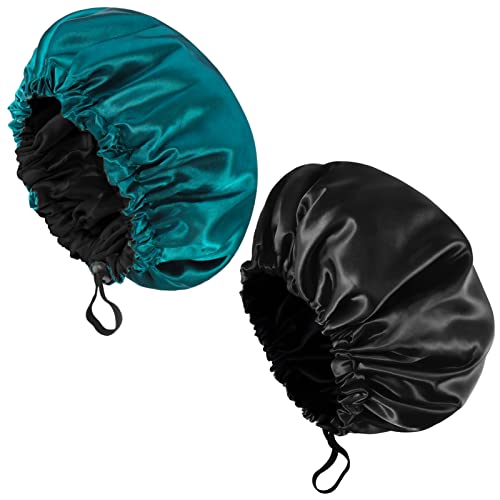 Fuyamp 2 Packs Satin Sleep Cap Shower Cap,Adjustable Silky Sleep Bonnet for Women Long Curly Hair Double-Sided Waterproof Satin Bath Cap Hair Cap for Women Sleeping Bathing(Black+Lake Green)