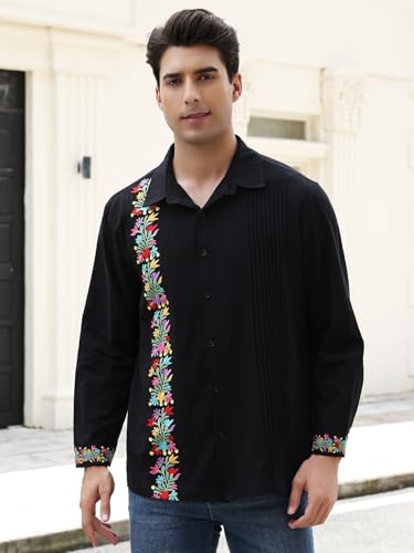 Mexican Shirts for Men Guayabera Cinco De Mayo Fiesta Traditional Embroidered Collared Button Up Long Sleeve2