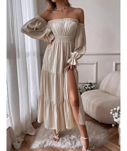 ECDAHICC Women's Boho Sexy Off Shoulder Long Sleeve Maxi Dress High Waist Side Split A Line Tiered Long Dresses4