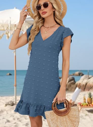 Image of QACOHU Spring Summer Dresses for Women 2026 V Neck Cap Sleeve Ruffle Hem Smock Short Casual Beach Dress