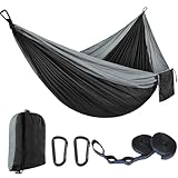 SNZ Camping Hängematte - Ultralight & Kompakt - Hochfestes Fallschirm-Nylon, 200+ kg Tragkraft - Inkl. 2 Baum-Schutzbänder & Stahlkarabiner - hängematte Outdoor für Camping, Backpacking, Garten
