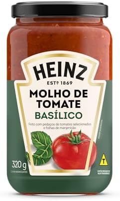 Pote de vidro com molho de tomate rústico Heinz basílico em destaque, com rótulo branco e verde e a inscrição 'Molho de Tomate Basílico'