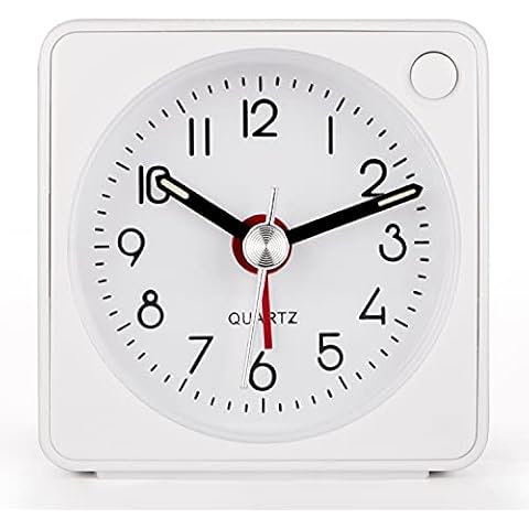 PILIFE Mini Size Alarm Clock, 2''Ultra-Small No-Ticking Travel Analog Alarm Clock,with Snooze and Backlight ,Battery Operated,Four-Section Beep Loud Sound,White Cover