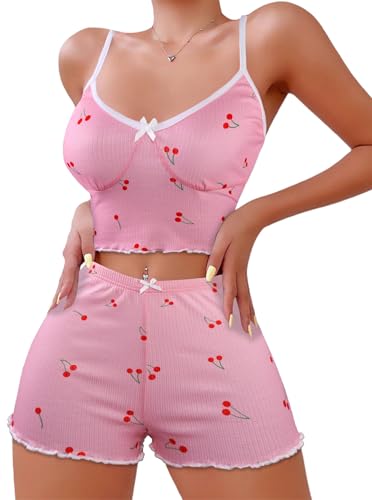 Image of Hilinker Womens Graphic Print Ribbed PJ Set Crop Cami Tops and Shorts Cute Pajamas Set