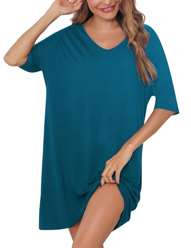 Irdcomps Chemise de Nuit Femme Coton Chemises de Nuit Grande Taille Robe de Nuit à Manches Courte Vêtements de Nuit Ete Col en V Nightie Sleep Nightgown Couleur Unie Loose Casual 25#Bleu 3XL