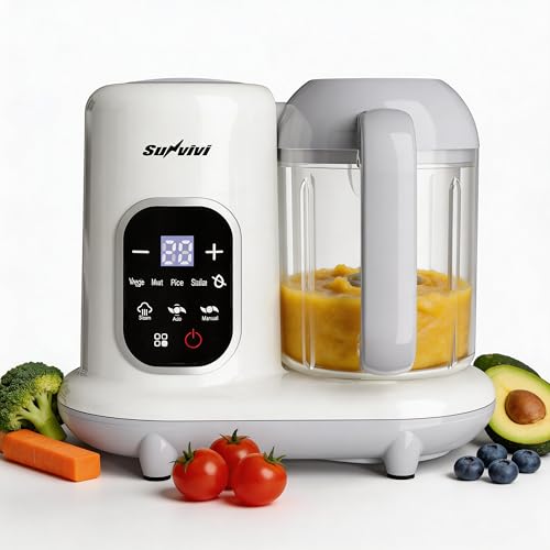 Sunvivi Babynahrungszubereiter 8-in-1 mit Dampfgarer und Mixer 350g Große Kapazität Baby Food Maker Multifunktionaler Babybrei Zubereiter mit LCD-Display Sterilisator Wärmer und Auftaufunktion