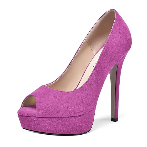 AMBELIGHT Womens Dress Wedding Slip On Suede Solid Platform Peep Toe Stiletto High Heel Pumps Shoes 5 Inch