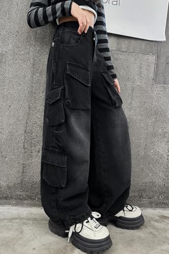 Image of Rolanko Girls Cargo Pants Baggy Y2K Cargo Trousers Jeans Wide Leg Pants with Multi Pockets 4-15 Years