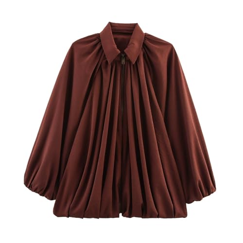 Women's Puffed Bomber Jacket Oversized Blouse with Lapel Collar Zipper Batwing Long Sleeves Casual Loose Fit Tops