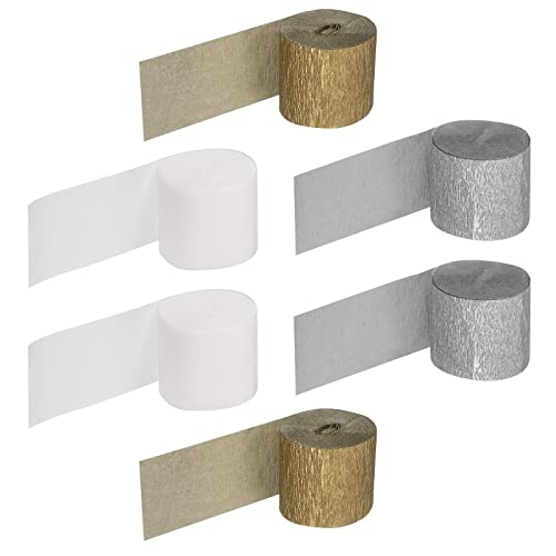 Meccanixity Crepe Paper Streamers 6 Rolls 32Ft In 3 Colors For Rainbow Party Decorations Wedding Ceremony Birthday Christmas Decoration(Silver Tone/White/Gold Tone) #TOP3