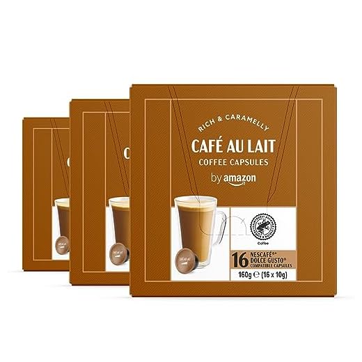 By Amazon Café con Leche en Cápsulas compatibles con Dolce Gusto, Tueste claro, Caffee Latte, 48 porciones (3 paquetes de 16) - Rainforest Alliance Certified