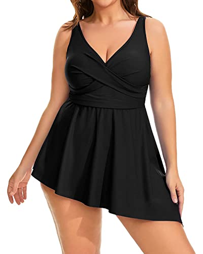 Daci Black Plus Size One Piece Swimsuits For Women Flowy Asymmetrical Hem Swim Dress With Shorts 18W #TOP5