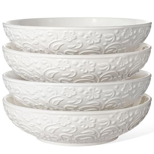Artena Pasta Bowls 32oz, Ceramic Large Salad Bowls 8 inch, White Embossed Soup Bowl Set of 4 for Serving， Entertaining, Wide Shallow Dinner Bowls, Microwave Dishwasher Oven Safe (Flower)
