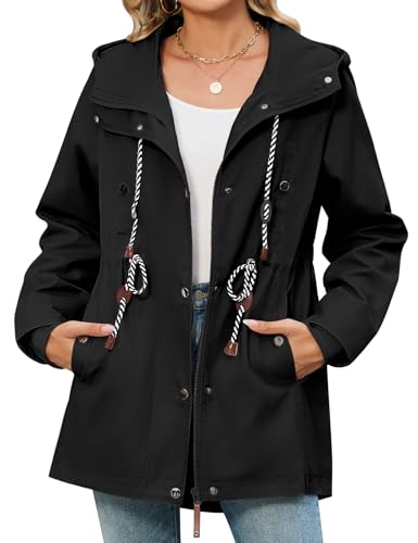 Yuson Girl Veste Femme mi Saison Long Manteau en Coton Léger Parka Mi-Long Coupe Vent Blouson avec Capuche Cordon de Serrage Jacket Zipper Coat pour Automne...