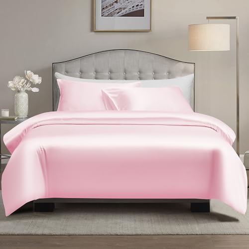 AiMay 3 Piece Satin Duvet Cover Set Bedding Sets Pink King 1800 Series Luxury Rich Silk Silky Super Soft Solid Color Reversible Zipper Closure Sexy Honeymoon Wrinkle Free (King, Pink)