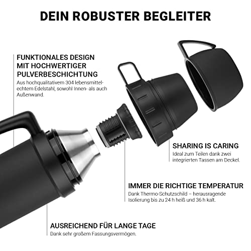 Foto von KAAVE Thermoskanne mit 2 Bechern “bigBoy“ - 1l, 1,2l - Auslaufsicher, Robust - Premium Thermosflasche aus Edelstahl für heiße Getränke, Kaffee, Tee - Isolierte Trinkflasche, Isolierflasche mit Tassen