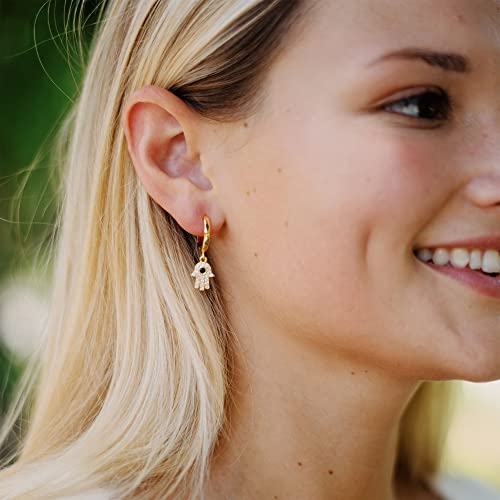 Ldurian Evil Eye Huggie Earrings, 14K Gold Plated Dangle Hoop, Small Eye Huggy For Mother's Day Gift, Women Girl, Protection Earrings With Charm, (Leverback, Brass) #TOP3