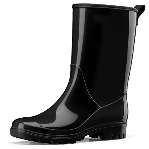 Image of HISEA Women's Mid Calf Rain Boots, Waterproof Garden Shoes Glossy Rubber PVC Rainboots with Wide Toe Box, Lightweight Outdoor Boots for Gardening, Farm, Yard Work, Dog Walking