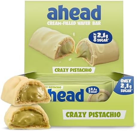 Ahead Waffelriegel White Crazy Pistachio 12 x 30g | Knusprige Waffel mit cremiger Pistazienfüllung | umhüllt von weißer Schokolade | Schokolade ohne Zuckerzusatz | nur 2,4 g Zucker