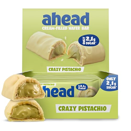 Ahead Waffelriegel White Crazy Pistachio 12 x 30g | Knusprige Waffel mit cremiger Pistazienfüllung | umhüllt von weißer Schokolade | Schokolade ohne Zuckerzusatz | nur 2 4 g Zucker pro Riegel
