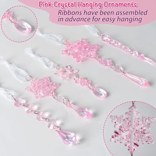 Image of 20pcs Crystal Christmas Ornaments for Christmas Tree Decorations-Light Pink Hanging Acrylic Snowflake and Icicle Ornaments with Drop Pendants for New Year Party Decorations Supplies